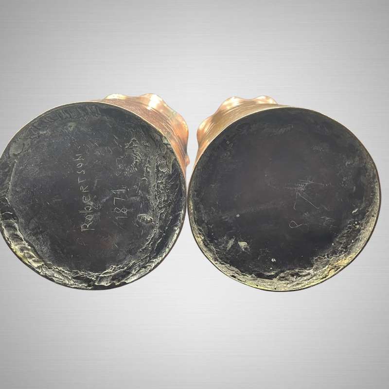 Large Antique Copper Cylinder Vases with Protea Flower Motif - Set of 2
