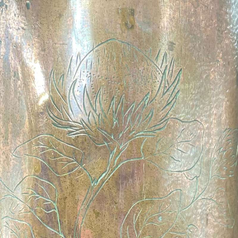 Large Antique Copper Cylinder Vases with Protea Flower Motif - Set of 2