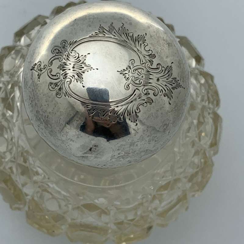 Antique Sterling Silver Crystal Perfume Bottle - Hand-Cut `Hobnail` Pattern c1912