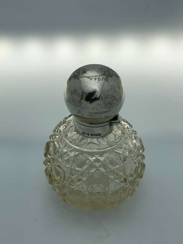 Antique Sterling Silver Crystal Perfume Bottle - Hand-Cut `Hobnail` Pattern c1912