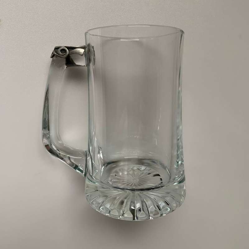 Large Clear Glass Beer Mug with Star Design Bottom & Pewter Thumb Grip - 350ml