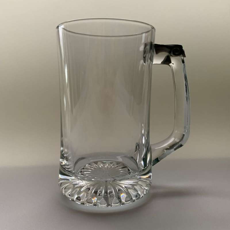 Large Clear Glass Beer Mug with Star Design Bottom & Pewter Thumb Grip - 350ml