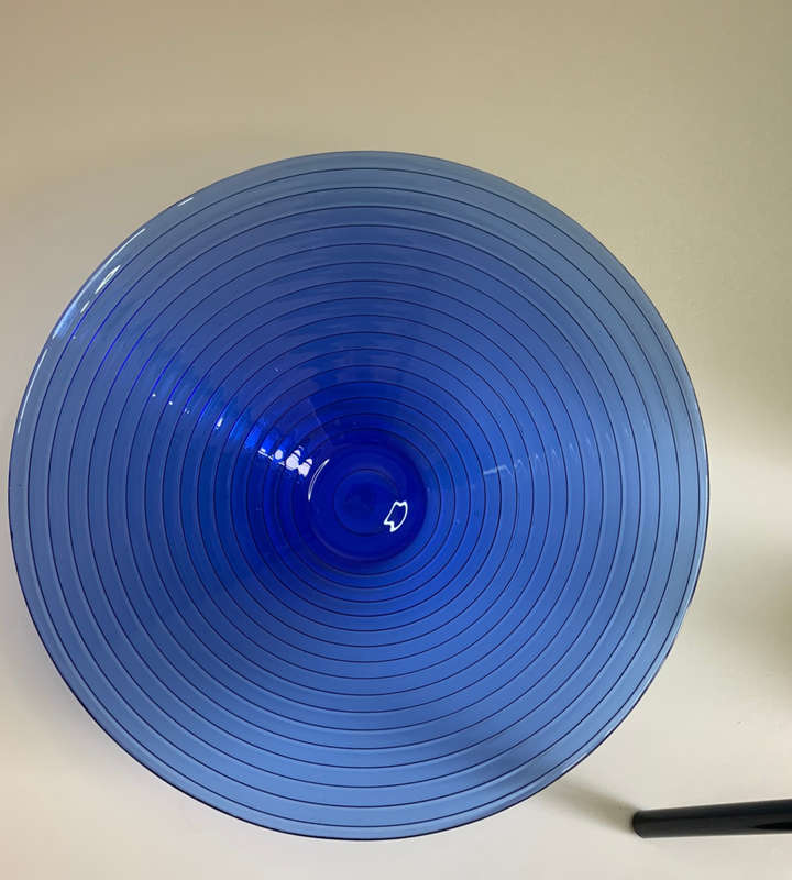 Vintage Cobalt Blue Ribbed Glass Fruit Bowl - Large 38cm Diameter