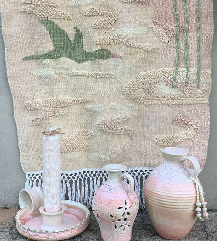 Huge 4 Piece Set Pink Pastel Elegance: Hand-Woven Tapestry, Salem Pottery Jug & Pitcher, Candle