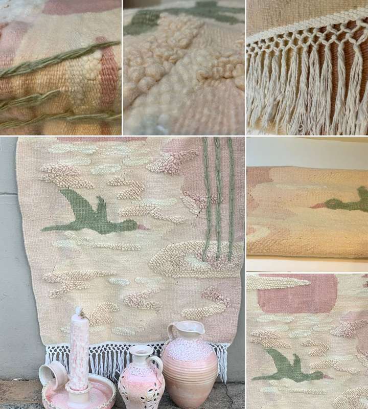 Huge 4 Piece Set Pink Pastel Elegance: Hand-Woven Tapestry, Salem Pottery Jug & Pitcher, Candle