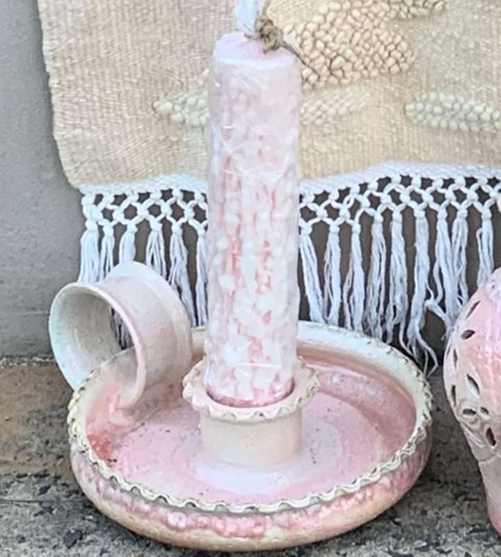 Huge 4 Piece Set Pink Pastel Elegance: Hand-Woven Tapestry, Salem Pottery Jug & Pitcher, Candle