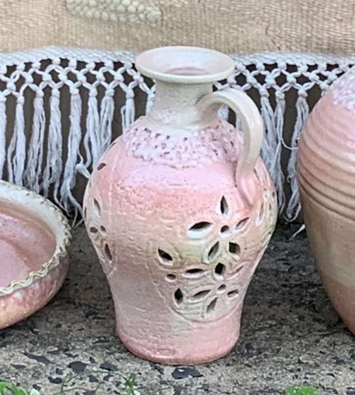 Huge 4 Piece Set Pink Pastel Elegance: Hand-Woven Tapestry, Salem Pottery Jug & Pitcher, Candle