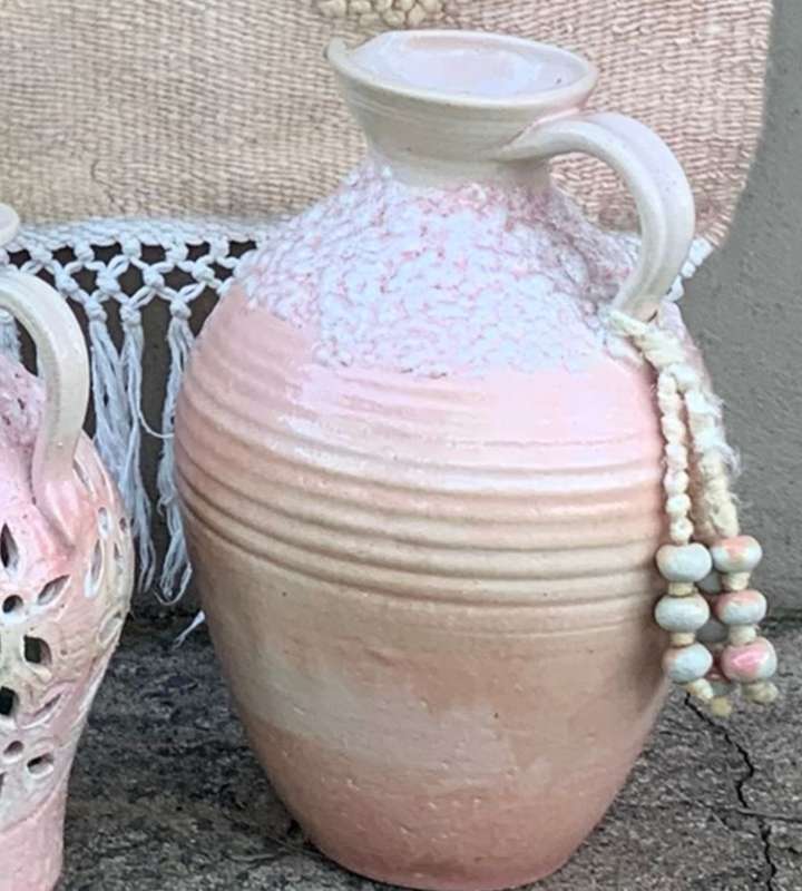 Huge 4 Piece Set Pink Pastel Elegance: Hand-Woven Tapestry, Salem Pottery Jug & Pitcher, Candle