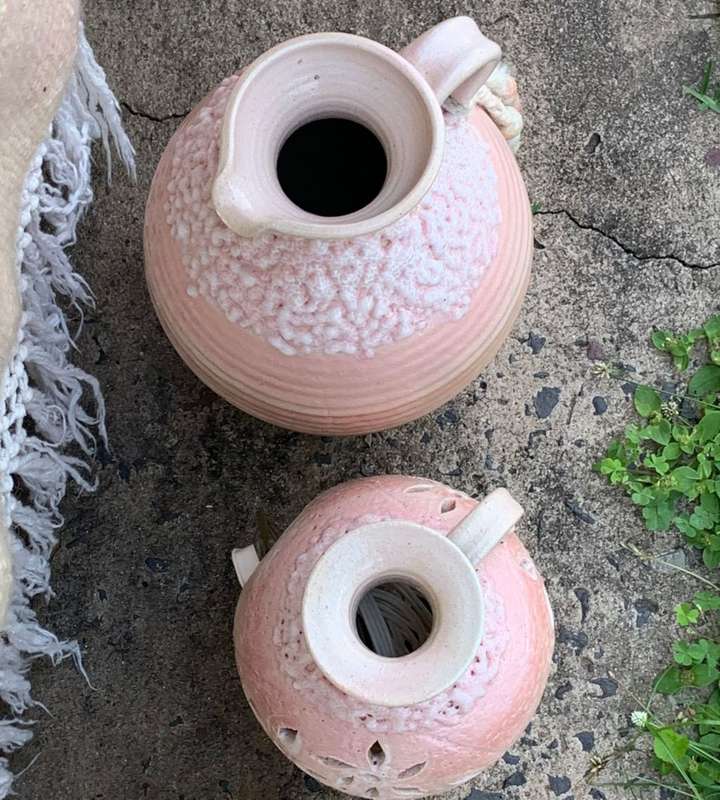 Huge 4 Piece Set Pink Pastel Elegance: Hand-Woven Tapestry, Salem Pottery Jug & Pitcher, Candle