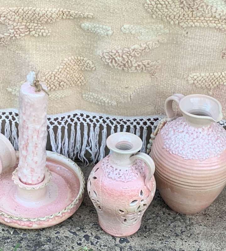 Huge 4 Piece Set Pink Pastel Elegance: Hand-Woven Tapestry, Salem Pottery Jug & Pitcher, Candle