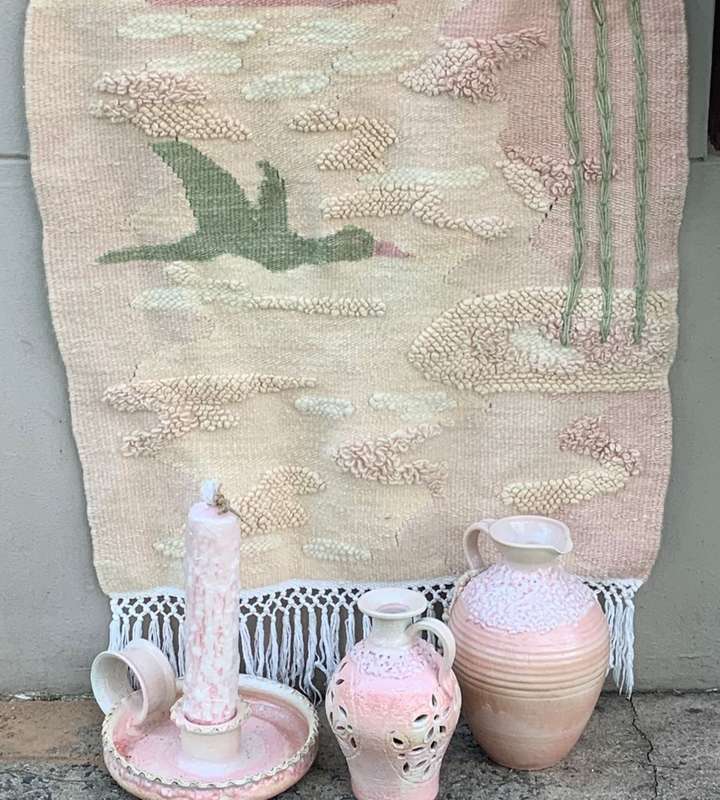 Huge 4 Piece Set Pink Pastel Elegance: Hand-Woven Tapestry, Salem Pottery Jug & Pitcher, Candle