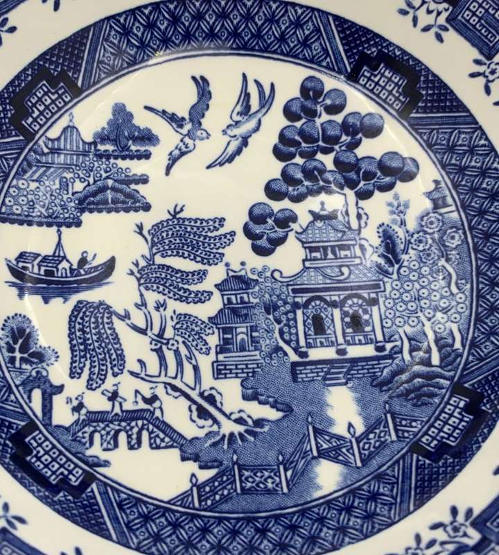 Small Churchill Blue Willow Oatmeal Bowl - Staffordshire, England, 15.5cm