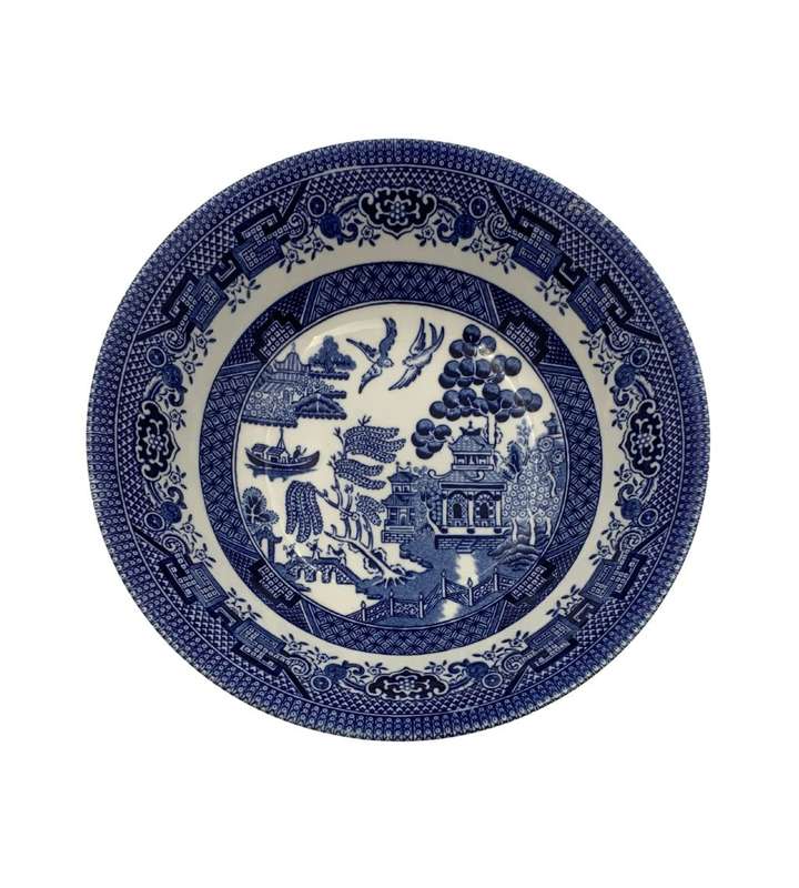 Small Churchill Blue Willow Oatmeal Bowl - Staffordshire, England, 15.5cm