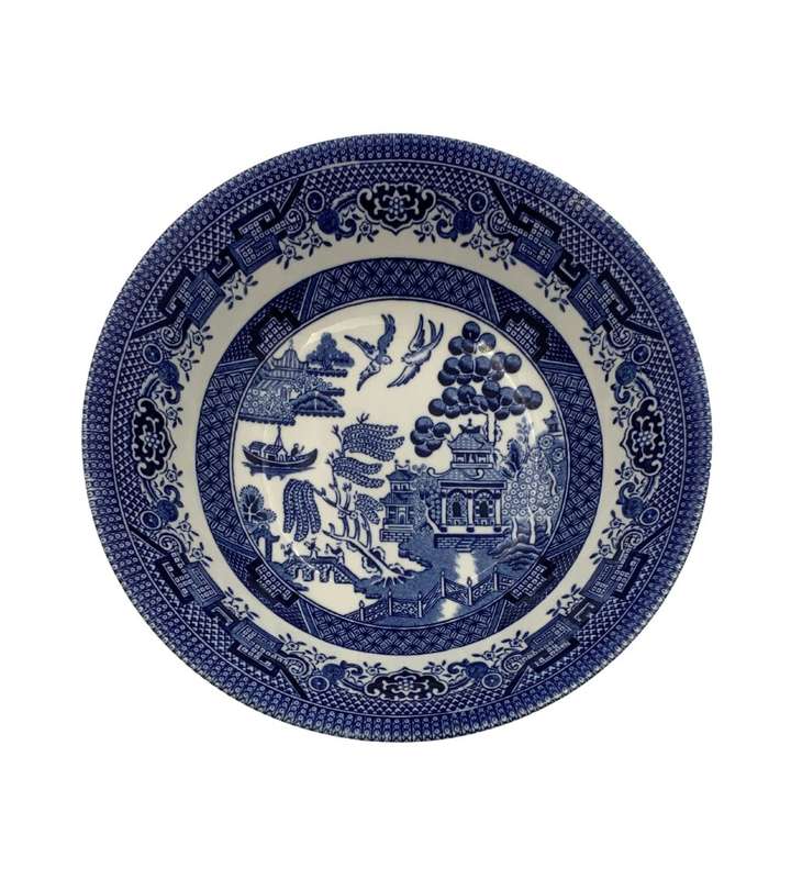 Small Churchill Blue Willow Oatmeal Bowl - Staffordshire, England, 15.5cm