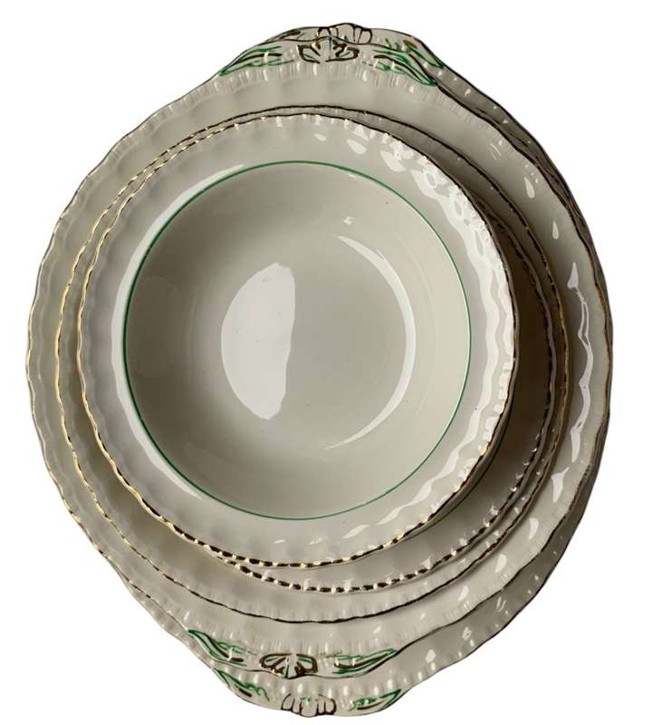 Vintage W.H. Grindley & Co. Green and Gold Deco Ware 7-Piece Porcelain Biscuit Plate Set (1936-1954)