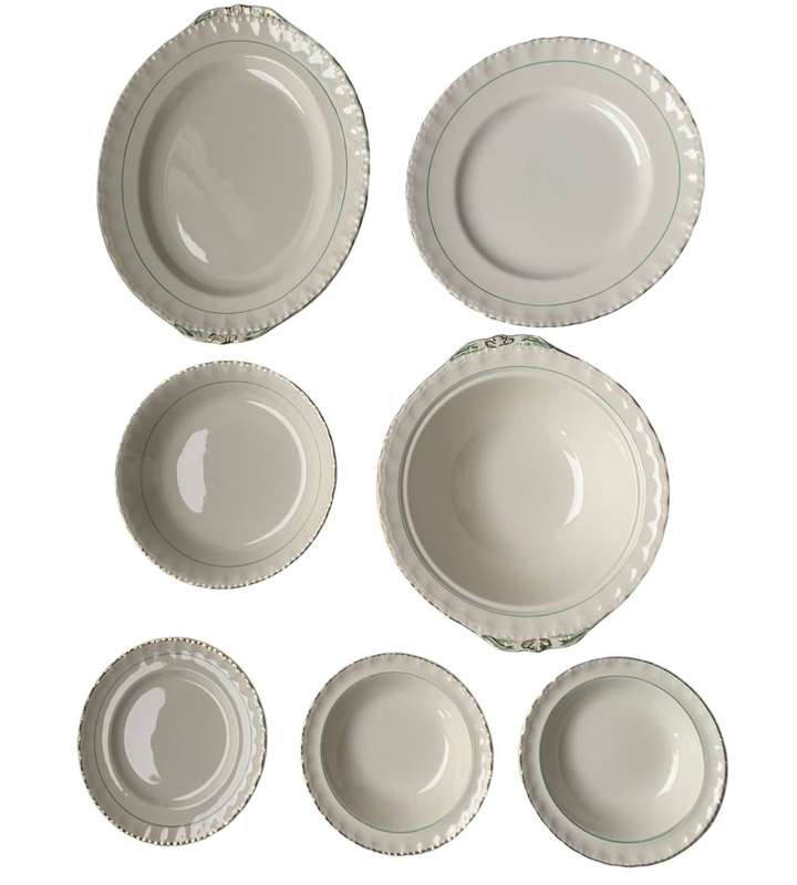Vintage W.H. Grindley & Co. Green and Gold Deco Ware 7-Piece Porcelain Biscuit Plate Set (1936-1954)