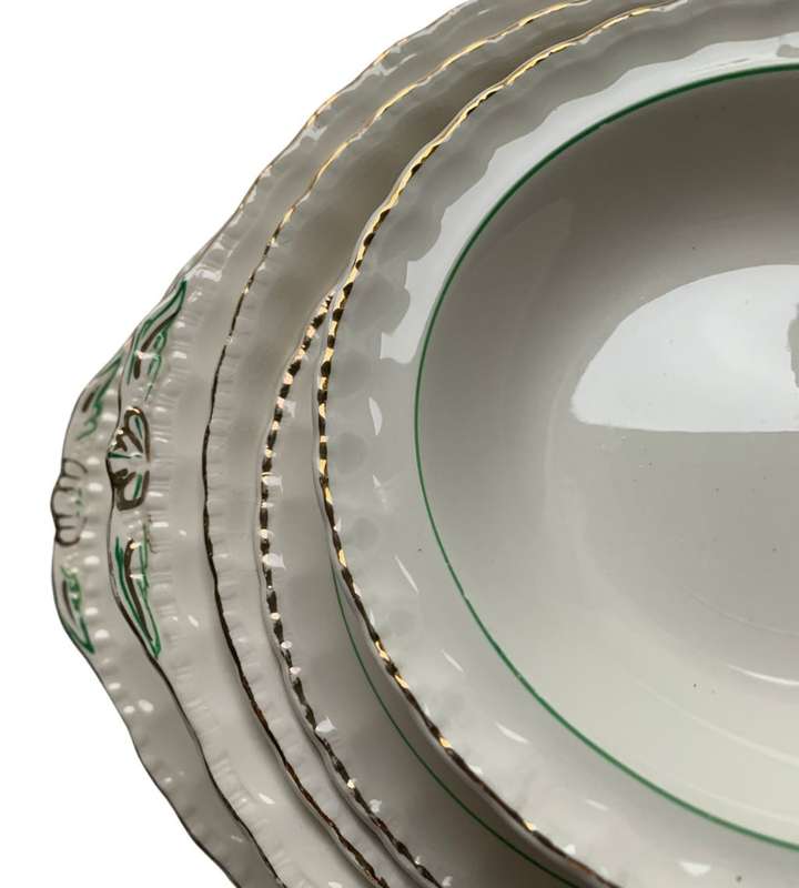 Vintage W.H. Grindley & Co. Green and Gold Deco Ware 7-Piece Porcelain Biscuit Plate Set (1936-1954)