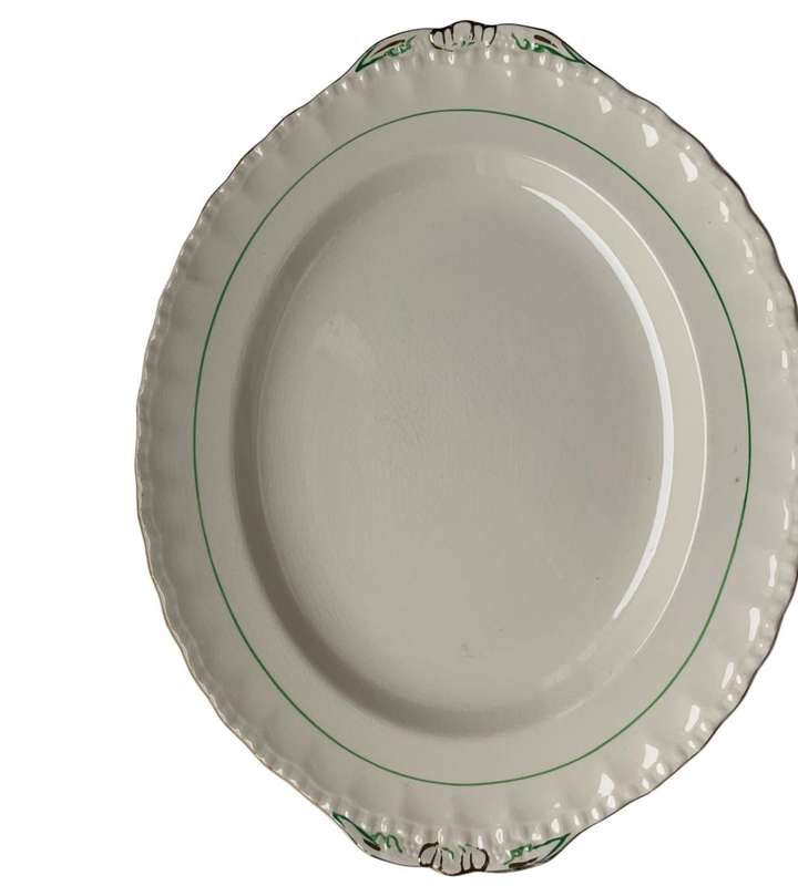 Vintage W.H. Grindley & Co. Green and Gold Deco Ware 7-Piece Porcelain Biscuit Plate Set (1936-1954)