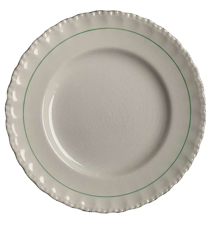 Vintage W.H. Grindley & Co. Green and Gold Deco Ware 7-Piece Porcelain Biscuit Plate Set (1936-1954)
