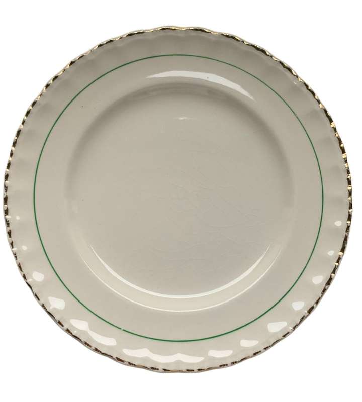 Vintage W.H. Grindley & Co. Green and Gold Deco Ware 7-Piece Porcelain Biscuit Plate Set (1936-1954)