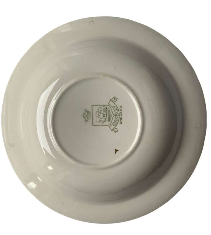 Vintage W.H. Grindley & Co. Green and Gold Deco Ware 7-Piece Porcelain Biscuit Plate Set (1936-1954)