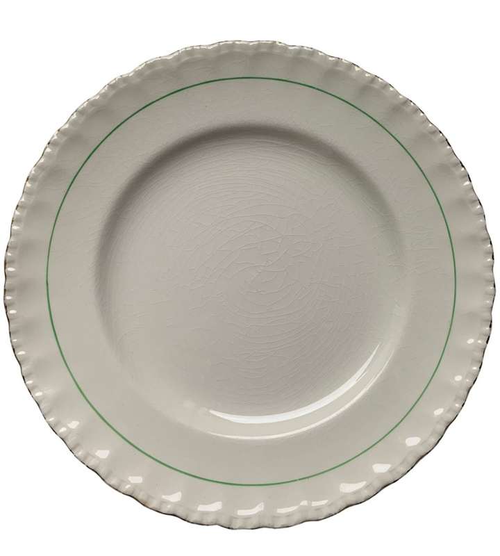 Vintage W.H. Grindley & Co. Green and Gold Deco Ware 7-Piece Porcelain Biscuit Plate Set (1936-1954)