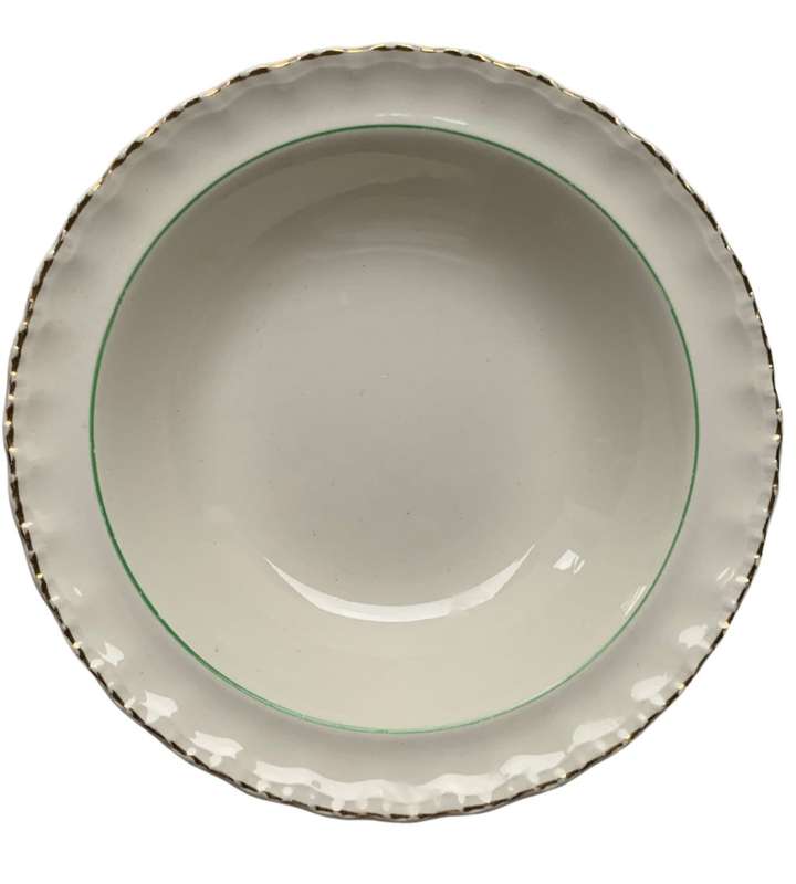 Vintage W.H. Grindley & Co. Green and Gold Deco Ware 7-Piece Porcelain Biscuit Plate Set (1936-1954)