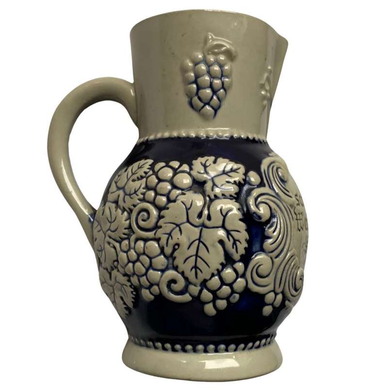 1950s West German Stoneware Wine Pitcher - Cobalt Blue Grape Design