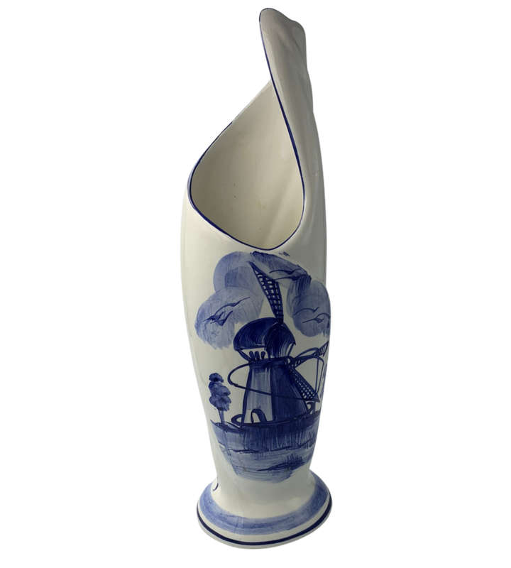 Vintage Elweco Ceramic Swirl Vase, Blue Delft, Hand-painted