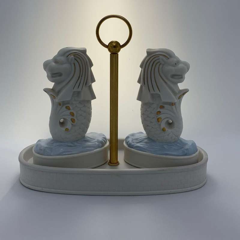 Vintage Singapore Merlion Porcelain Salt and Pepper Condiment Set