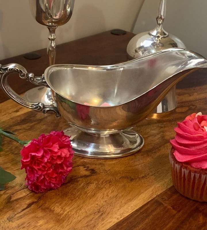 Vintage Silver Plate Gravy Boat with Oval Footed Base
