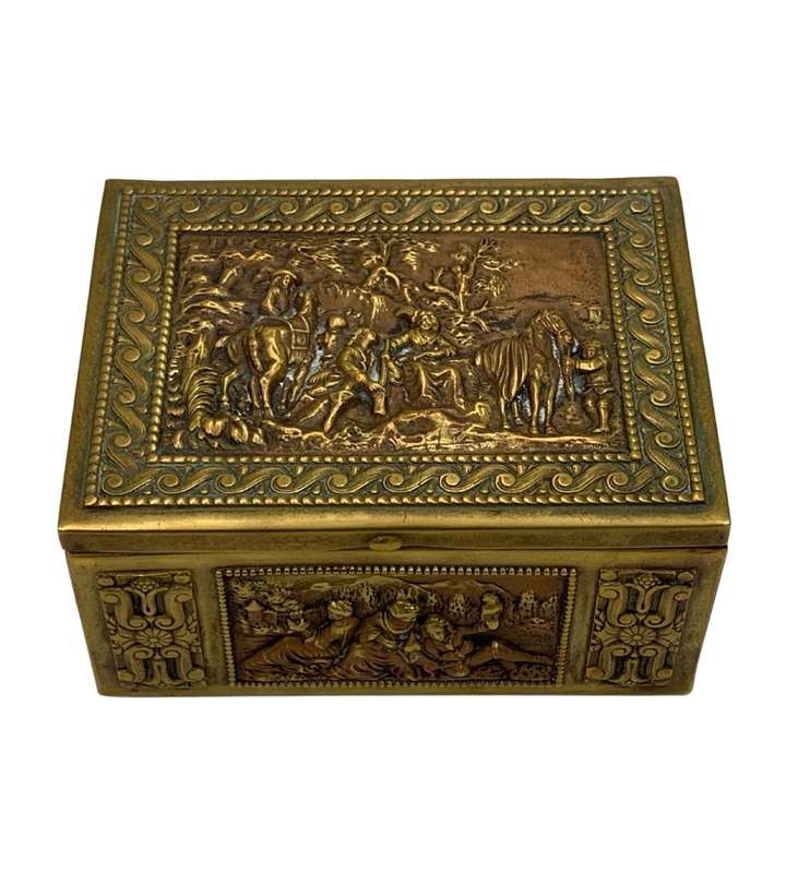 Rare Antique Erhard & Sohne Repousse Brass Inlaid Wood Box - Jugendstil Art Nouveau Cigarette or Tri