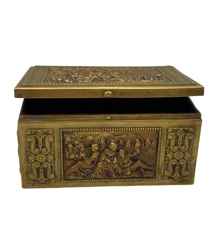 Rare Antique Erhard & Sohne Repousse Brass Inlaid Wood Box - Jugendstil Art Nouveau Cigarette or Tri