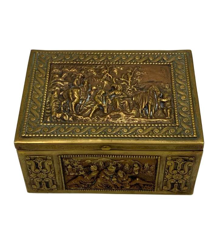 Rare Antique Erhard & Sohne Repousse Brass Inlaid Wood Box - Jugendstil Art Nouveau Cigarette or Tri