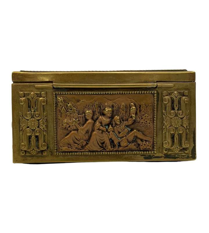 Rare Antique Erhard & Sohne Repousse Brass Inlaid Wood Box - Jugendstil Art Nouveau Cigarette or Tri