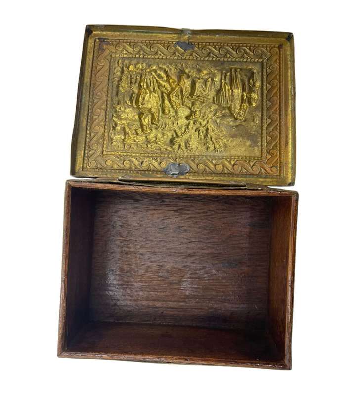 Rare Antique Erhard & Sohne Repousse Brass Inlaid Wood Box - Jugendstil Art Nouveau Cigarette or Tri