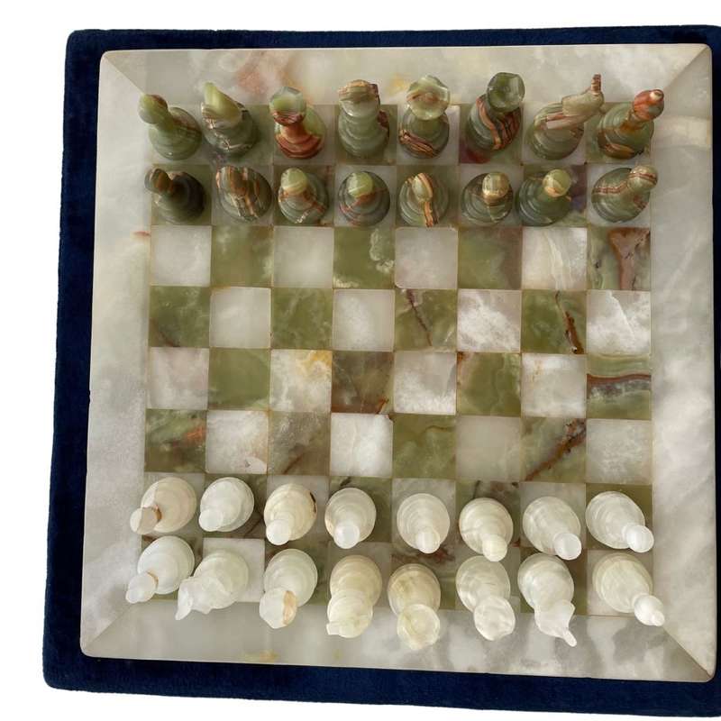 Middle Eastern Onyx Chess Set with Granite Board - Vintage Multicolored Stone Pieces- Please Read