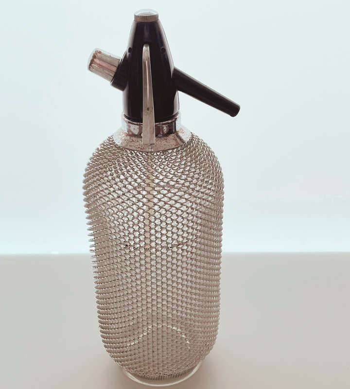 Vintage Czech Soda Siphon Seltzer Bottle - Large 35cm with Chromed Mesh c1960s