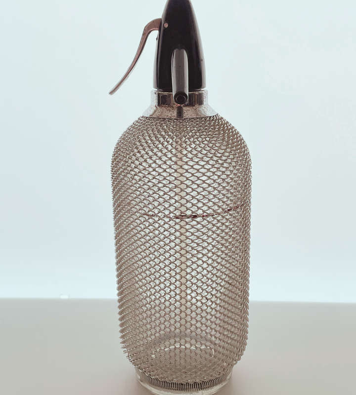 Vintage Czech Soda Siphon Seltzer Bottle - Large 35cm with Chromed Mesh c1960s