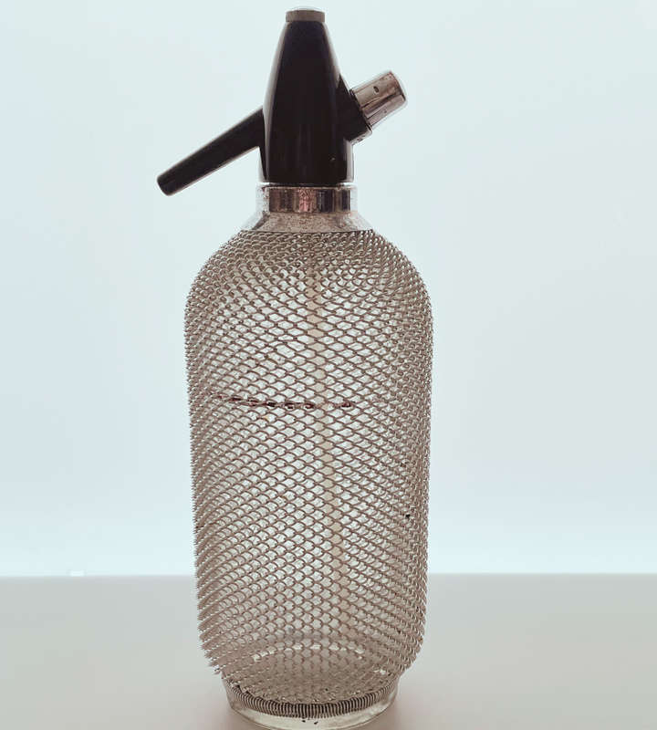 Vintage Czech Soda Siphon Seltzer Bottle - Large 35cm with Chromed Mesh c1960s