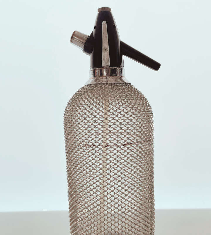 Vintage Czech Soda Siphon Seltzer Bottle - Large 35cm with Chromed Mesh c1960s