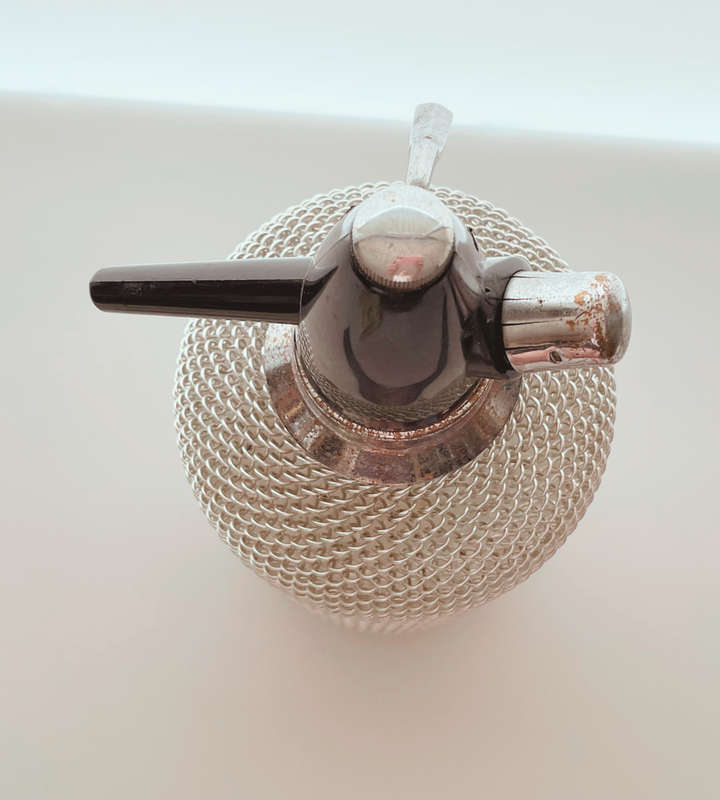 Vintage Czech Soda Siphon Seltzer Bottle - Large 35cm with Chromed Mesh c1960s