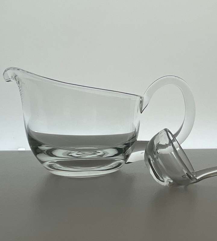 Vintage Hand Blown Glass Gravy Boat with Ladle - Elegant Solid Glassware