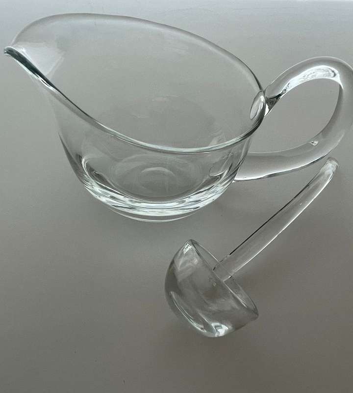 Vintage Hand Blown Glass Gravy Boat with Ladle - Elegant Solid Glassware