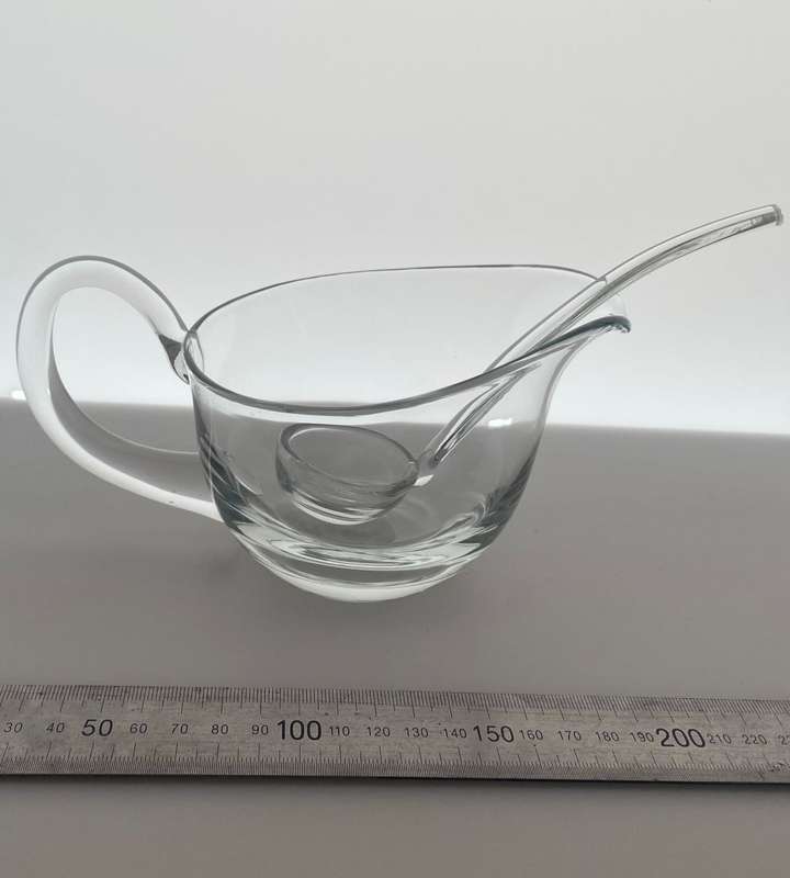 Vintage Hand Blown Glass Gravy Boat with Ladle - Elegant Solid Glassware