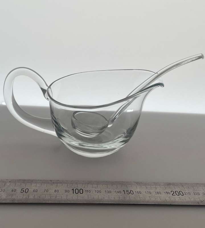 Vintage Hand Blown Glass Gravy Boat with Ladle - Elegant Solid Glassware