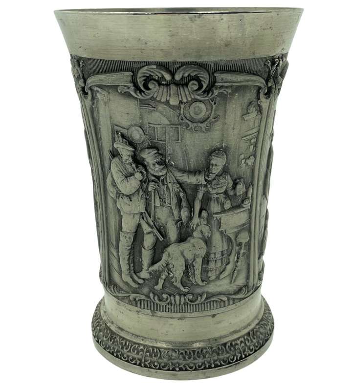 Vintage German SKS Zinn Pewter Mug - Hunting Scene Relief - 380ml Capacity