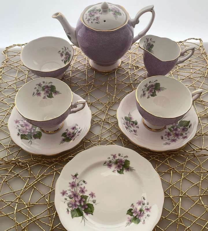 Rare 1949 Royal Standard Fine Bone China Tea Set - Purple Floral Pattern with Violet Accents