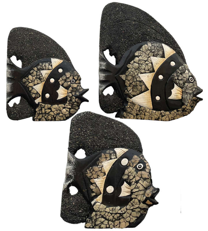 Modern 3-piece wooden coastal table décor set, featuring fish adorned with shell decorated mosaic