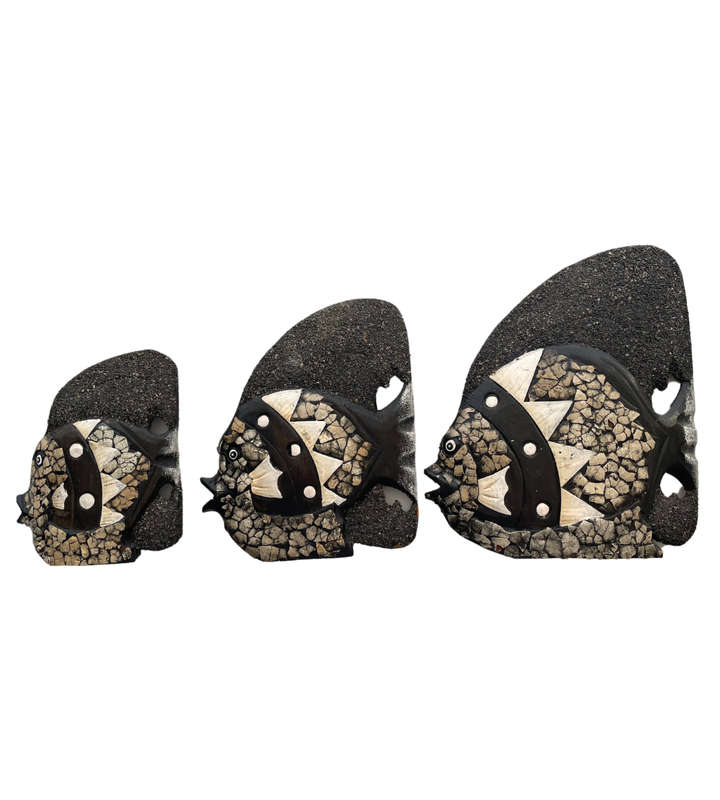Modern 3-piece wooden coastal table décor set, featuring fish adorned with shell decorated mosaic